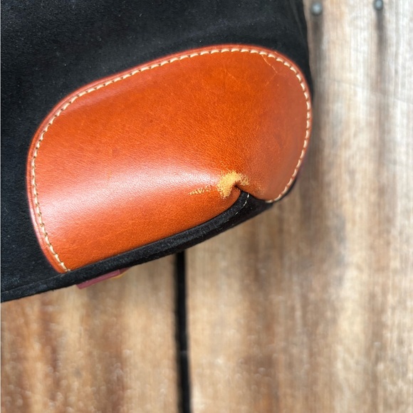 Dooney & Bourke black suede drape tote with brown leather trim. - Picture 6 of 12